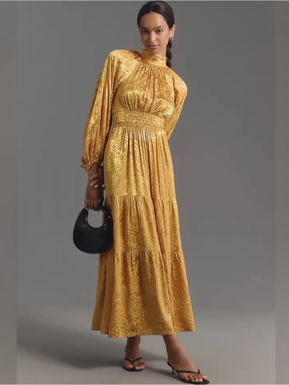 Anthropologie Metallic Gold High-Neck Tiered Maxi Dress